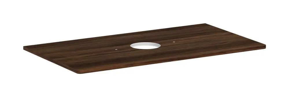 Braune Konsole für ein Waschbecken, mittiger Ausschnitt ohne Hahnloch, designed von Hansgrohe.